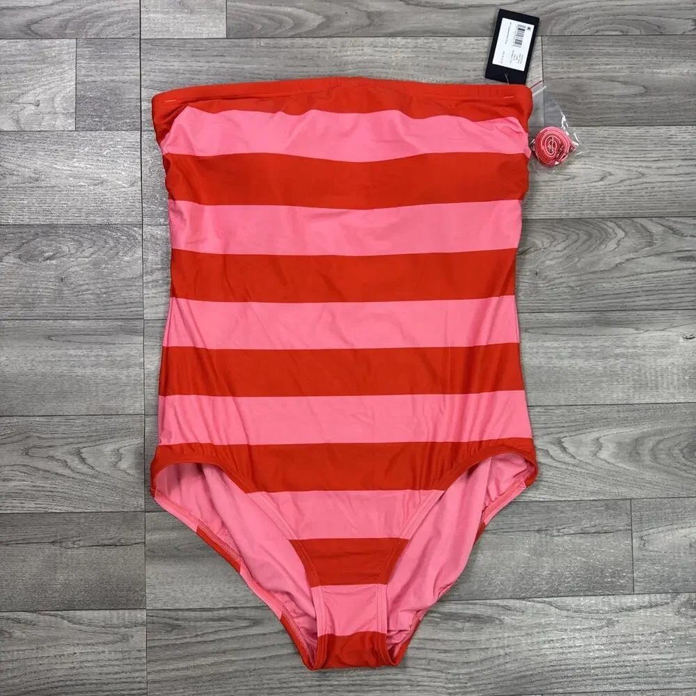 Kate Spade Bandeau One Piece Swimsuit Strapless Fresh Tomato Stripe sz XL - Picture 1 of 5